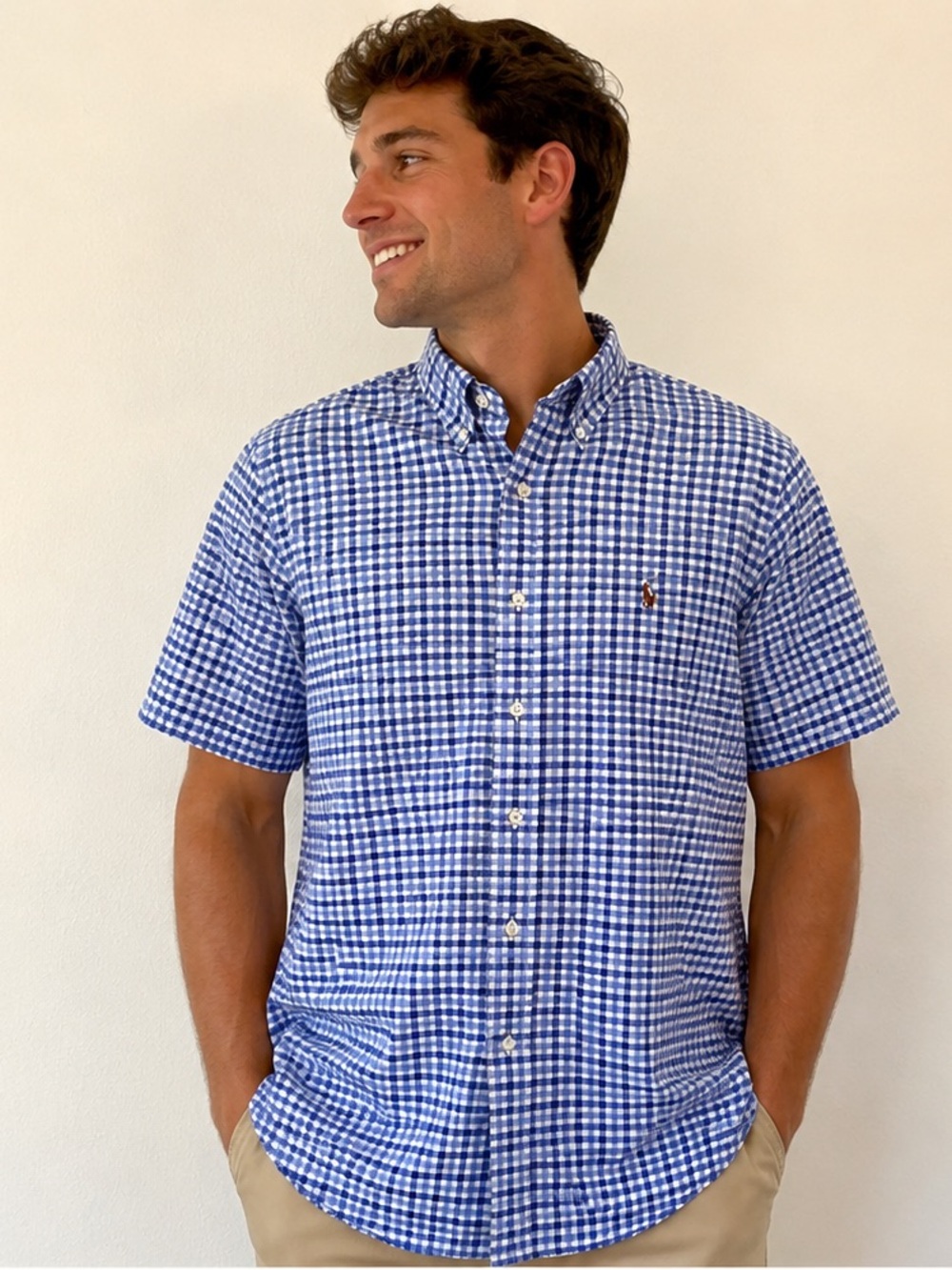 Ralph Lauren Men’s M Blue White Gingham Short Sleeve Button Down Shirt